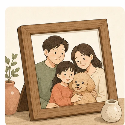 가족과 강아지 탁상 액자 예시