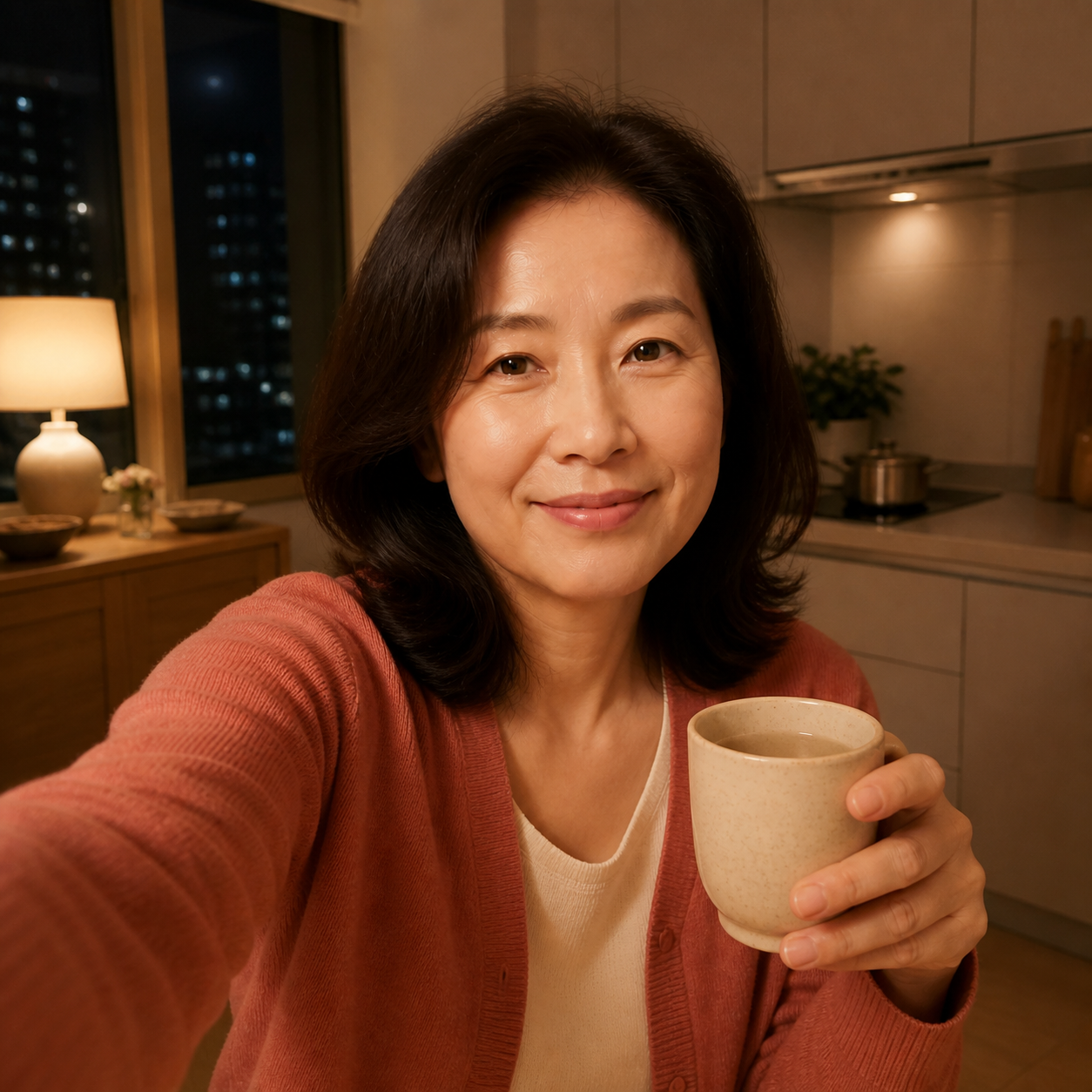 저녁 부엌에서 차를 들고 직접 셀카를 찍은 엄마